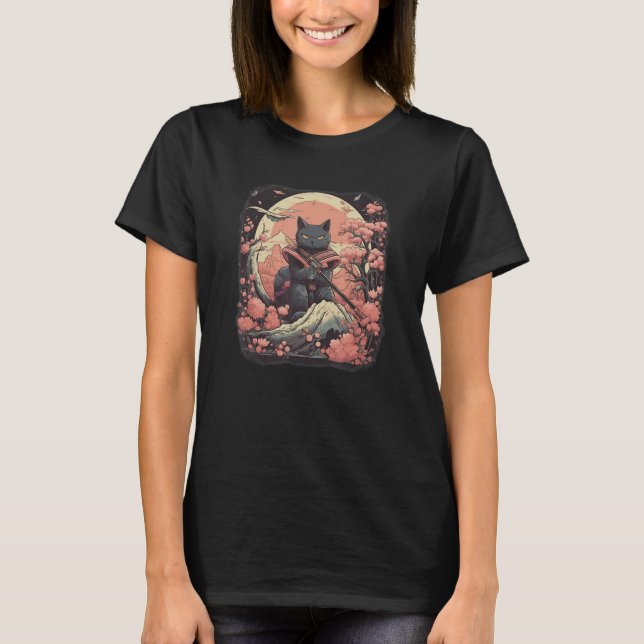 Camiseta Black Cat Japanese samurai ninja warrior flowers,  (Frente)