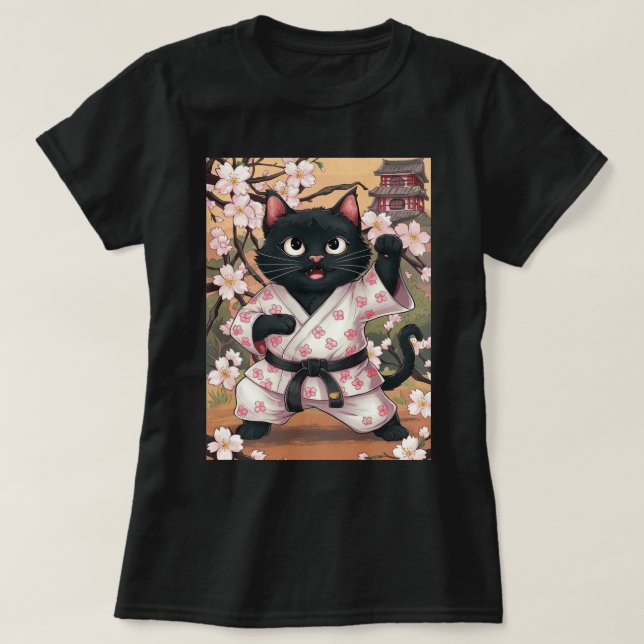 Camiseta Black Cat Karate Cute Kimono (Frente do Design)