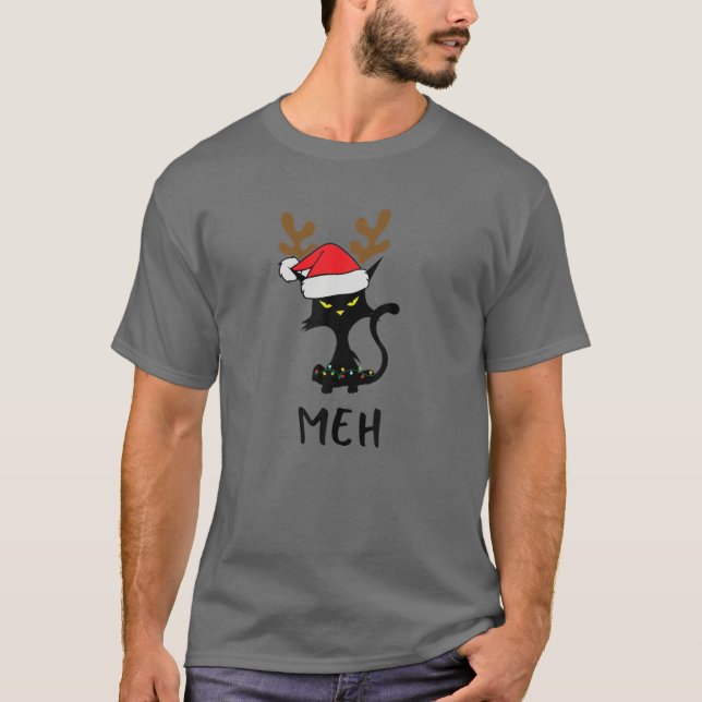 Camiseta Black Cat Meh, Gatos Engraçados No Natal (Frente)