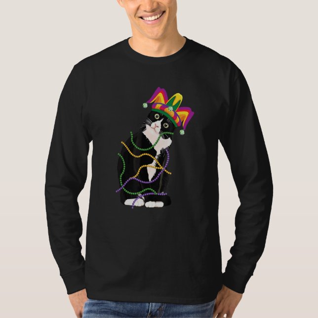 Camiseta Black Cat Meow Mardi Gras Mask Fleur De Lis Cat Wo (Frente)