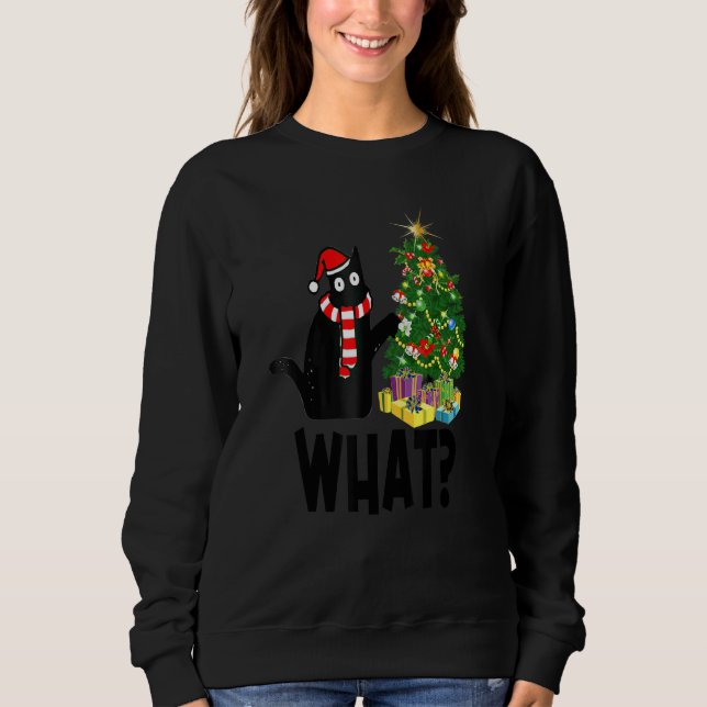 Camiseta Black Cat Pushing Christmas Tree Over Cat What (Frente)