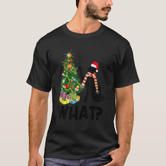 Camiseta Black Cat Pushing Christmas Tree Over Cat What 1 (Frente)