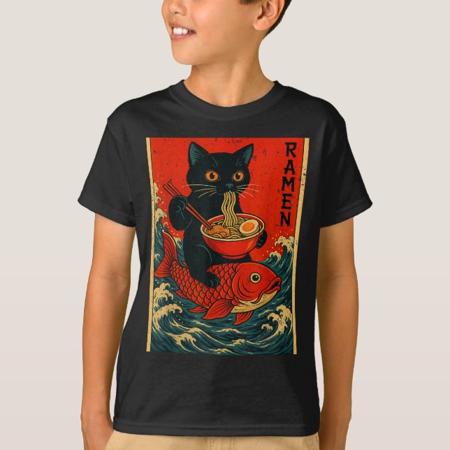 Camiseta Black Cat Ramen Japanese Graphic Tees For Men Wome (Frente)
