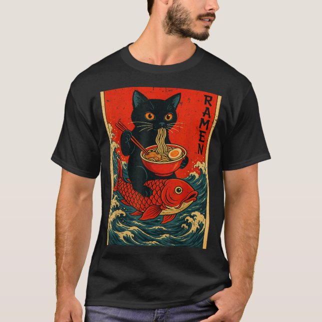 Camiseta Black Cat Ramen Japanese Graphic Tees For Men Wome (Frente)