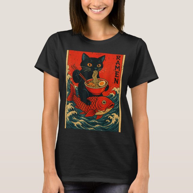 Camiseta Black Cat Ramen Japanese Graphic Tees For Men Wome (Frente)