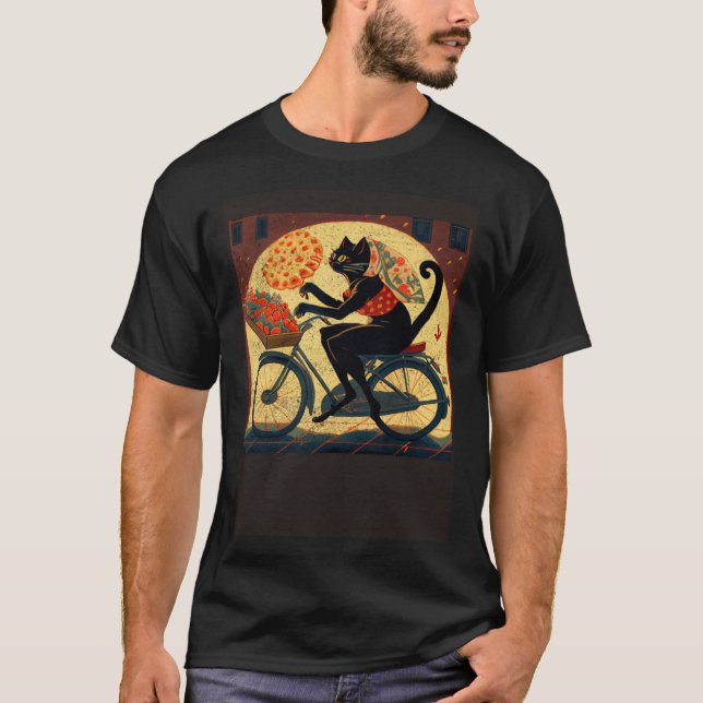 Camiseta Black Cat Riding Pizza (Frente)