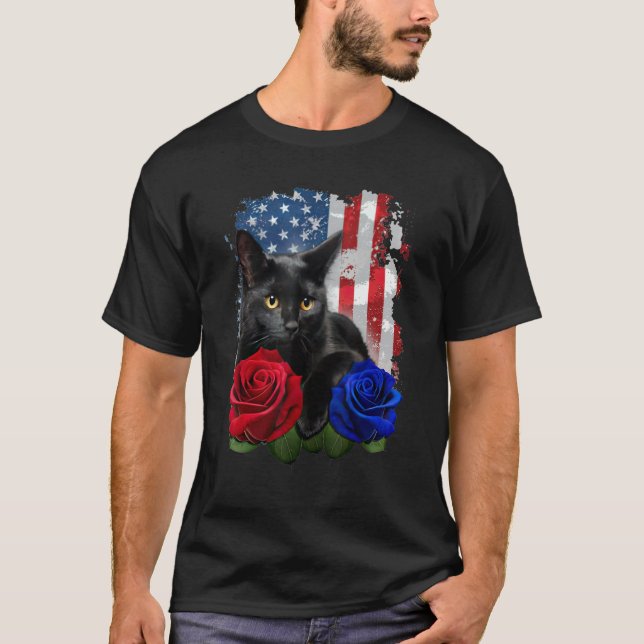 Camiseta Black Cat Rose American Flag Happy 4th Of July (Frente)