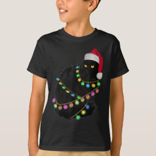 Camiseta Black Cat Santa Hat Árvore Clara Engraçado Frio Ch