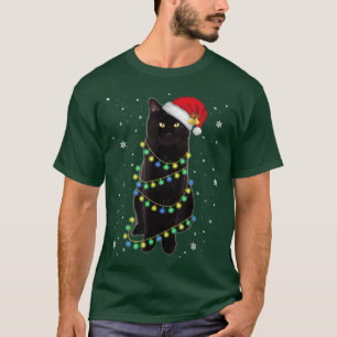 Camiseta Black Cat Santa Tangled Up In Christmas Lights 
