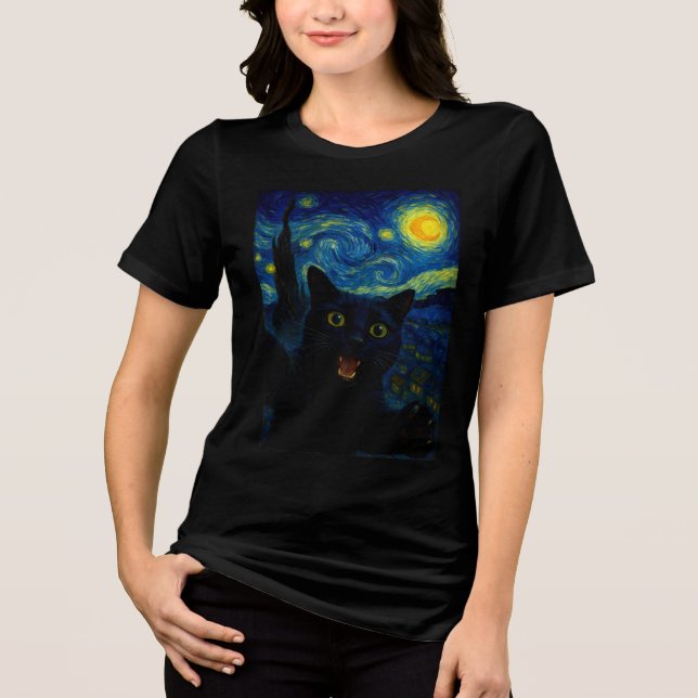 Camiseta Black Cat Starry Night Van Gogh Cat Selfie (Frente)