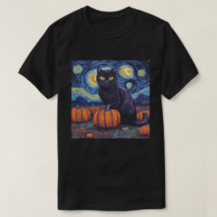 Camiseta Black Cat Starry Night Van Gogh Style Art Pumpkin
