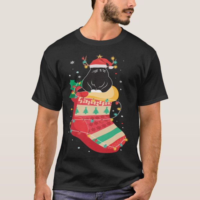 Camiseta Black Cat Stockings Clothing Cool  Holiday Christm (Frente)