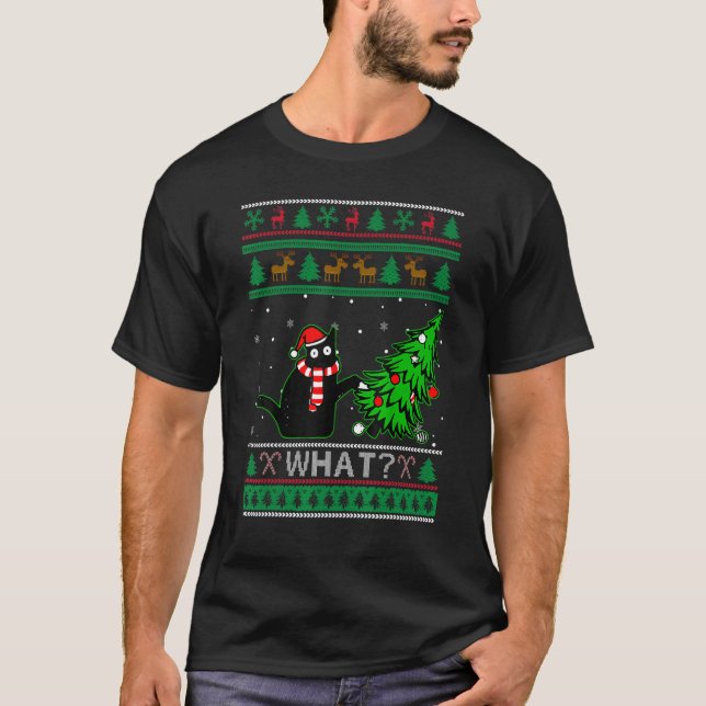 Camiseta Black Cat Ugly Christmas Sweater Tree Over Cat Wha (Frente)