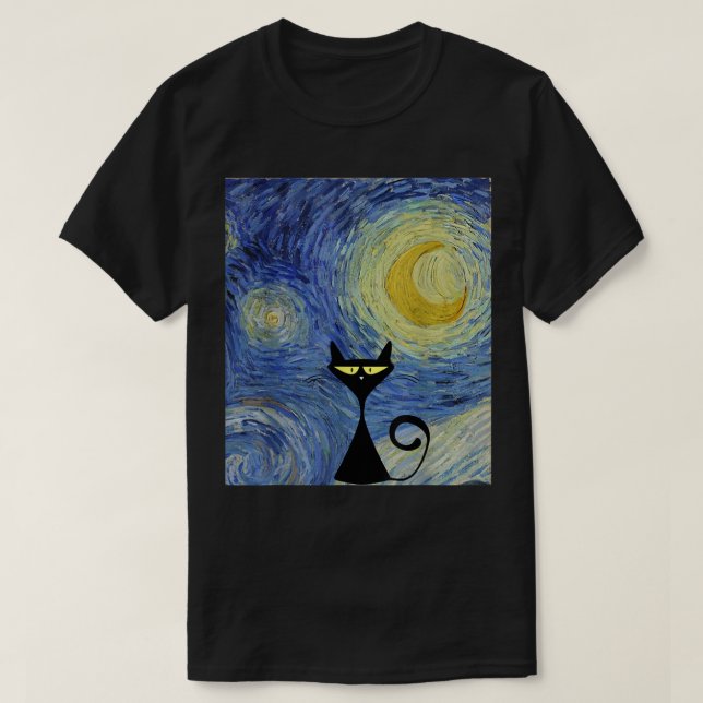 Camiseta Black Cat Van Gogh Starry Night Museum Lover Aweso (Frente do Design)
