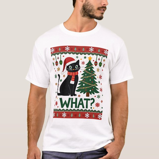 Camiseta Black Cat What Pushing Christmas Tree Funny Cat Xm (Frente)