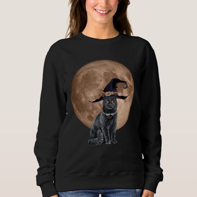 Camiseta Black Cat Witch Hat Moon Halloween Scary and Fun C (Frente)