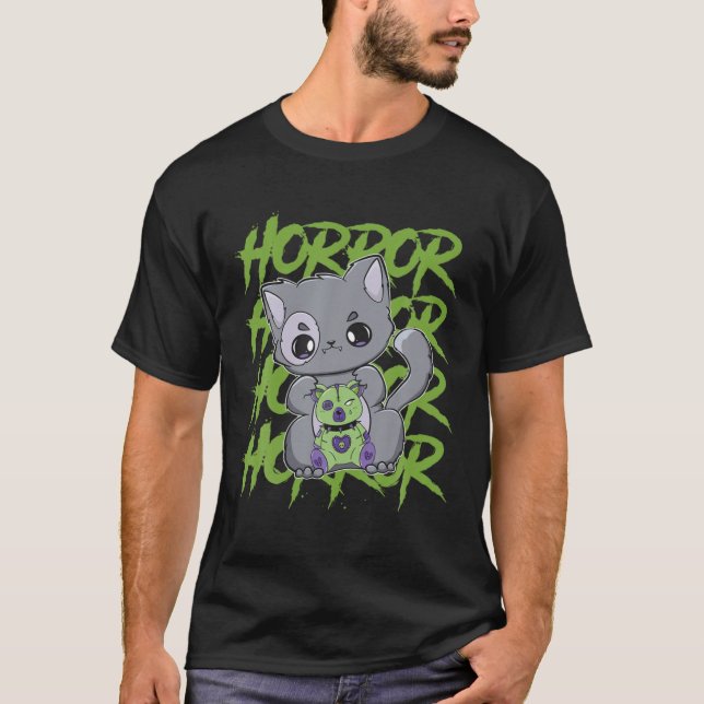 Camiseta Black Cat With Eddy Bear For Horror Fans (Frente)