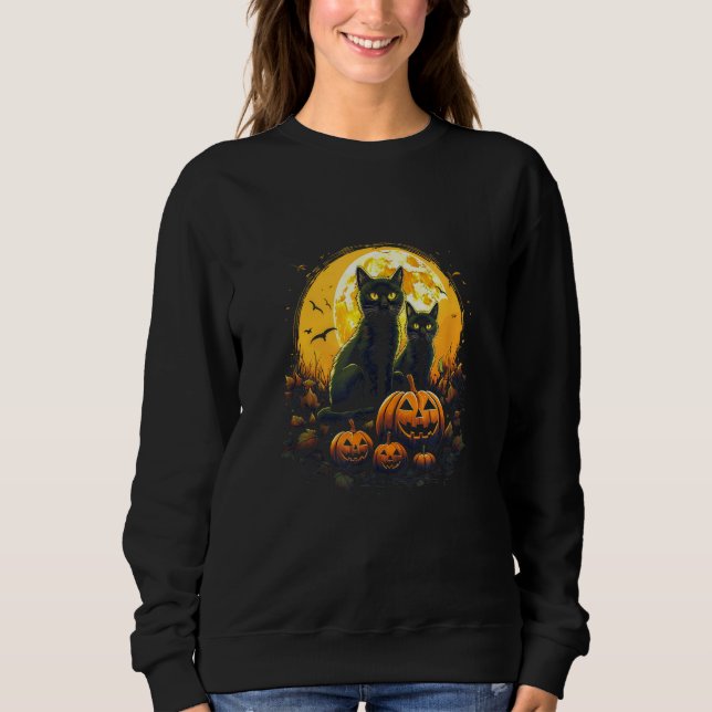 Camiseta Black Cats and Pumpkins Moon  Cat  s Halloween (Frente)