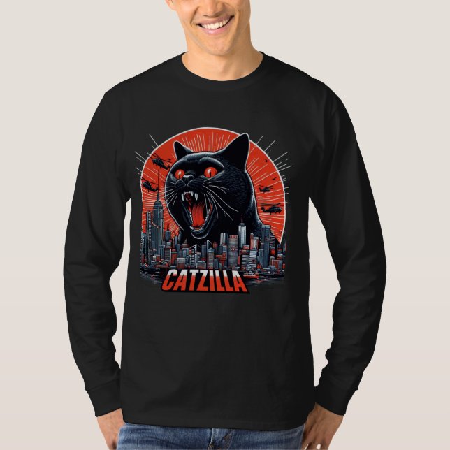 Camiseta Black Catzilla Funny Cat Lover Humor Gatinho (Frente)