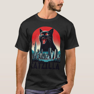 Camiseta Black Catzilla Japonês Art Sunset Funny Cat Kitty
