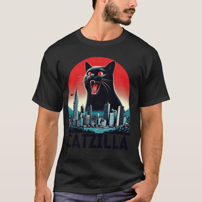 Camiseta Black Catzilla Japonês Art Sunset Funny Cat Kitty (Frente)