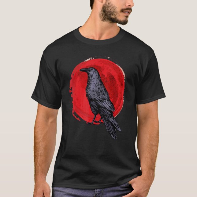 Camiseta Black Crow Occult Japão Gótico Raven Bird Red Moon (Frente)