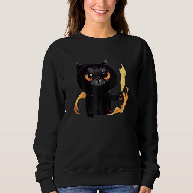 Camiseta Black Cute Cat Wizard With Power Of Fire For Anima (Frente)