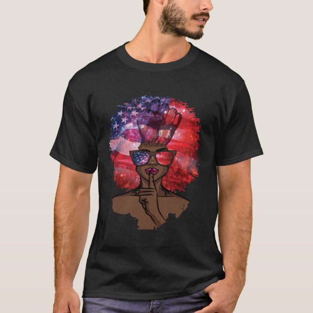 Camiseta Black Girl US Flag Melanin Afro Hair African Ameri (Frente)