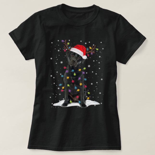 Camiseta Black Lab Labrador Christmas Santa Hat Light Engra (Frente do Design)