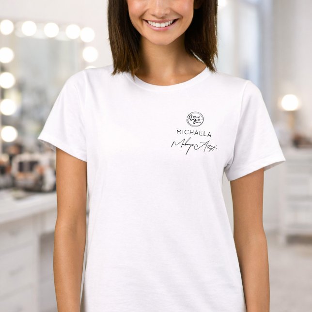 Camiseta Black Script Employee Name Business Logo Makeup (Criador carregado)