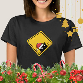 Camiseta Black Sneaky Santa Cat U.S. Warning Sign