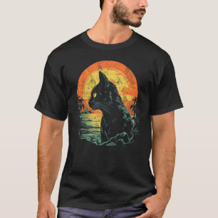 Camiseta Black Vintage Cat Halloween Sunset Cat Graphic Wo