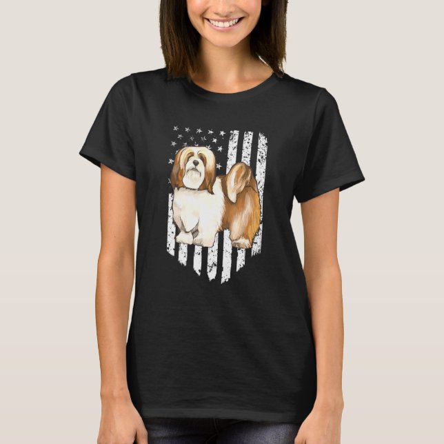 Camiseta Black White American Flag Lhasa Apsos 4 De Julho (Frente)
