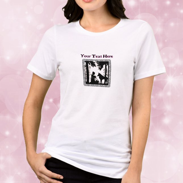Camiseta Black White Riding Hood Woods Wolf Fancy Frame (Little red riding hood in woods wolf on black and white fairy tale image in fancy frame on tee shirt)