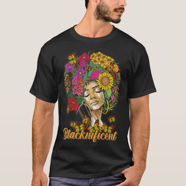 Camiseta Blacknificent Floral Afro Hair Butterfly African A (Frente)