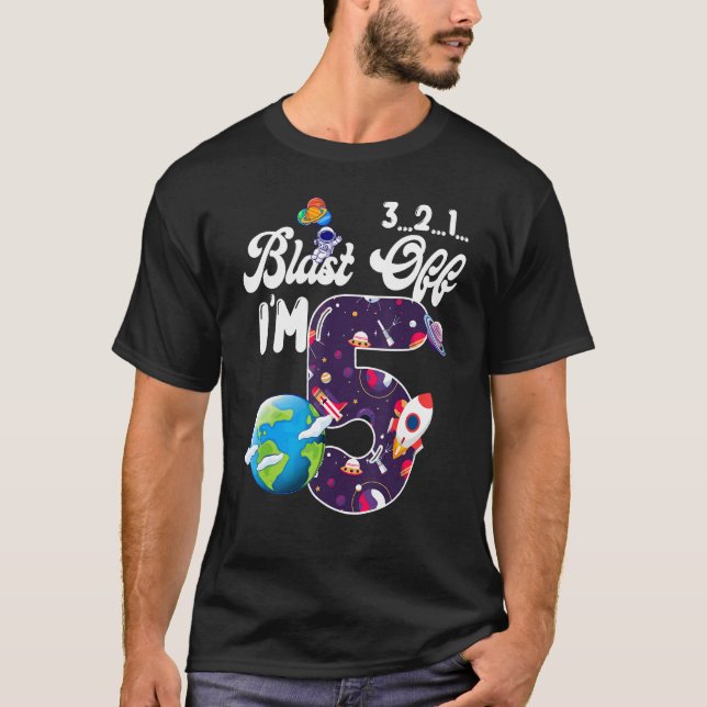 Camiseta Blast Off I'm 5 Anos Antiga Birthday Outer Space S (Frente)