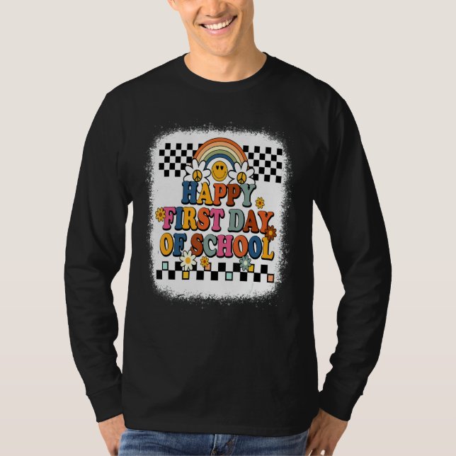 Camiseta Bleached Groovy Happy First Day Back To School Tea (Frente)