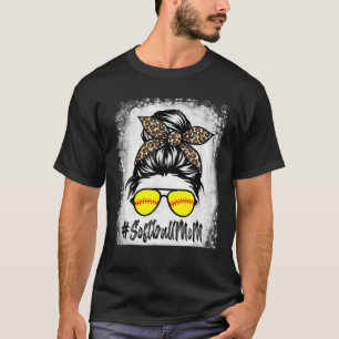 Camiseta Bleached Softball Mom Life With Leopard And Messy
