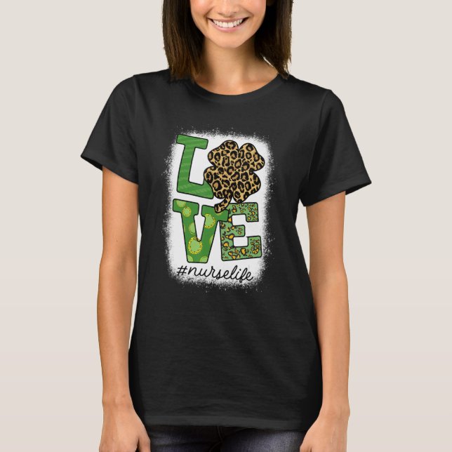 Camiseta Bleached St Patricks Nurse Leopard Shamrock Lucky  (Frente)