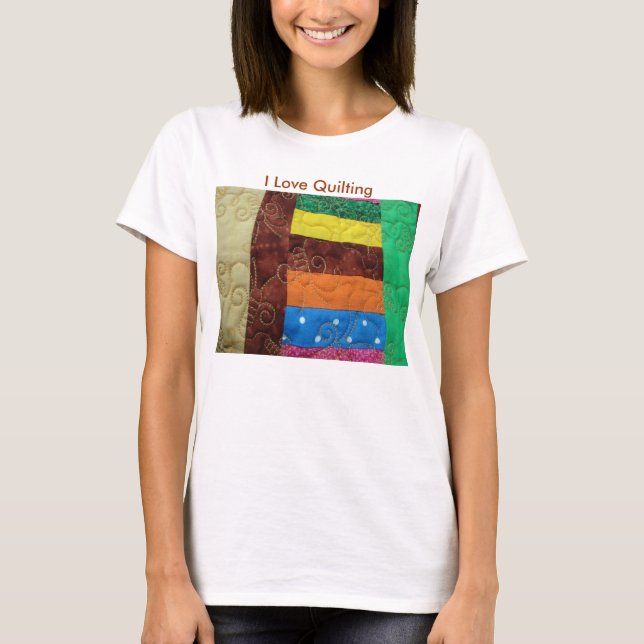 Camiseta Bloco Multi-Colorido da edredão, eu amo estofar (Frente)