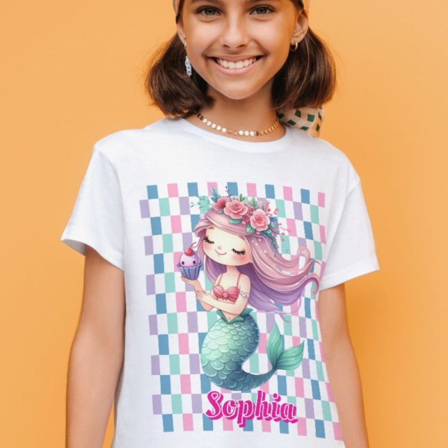 Camiseta Blocos de sereia padrão nome rosa  (Criador carregado)