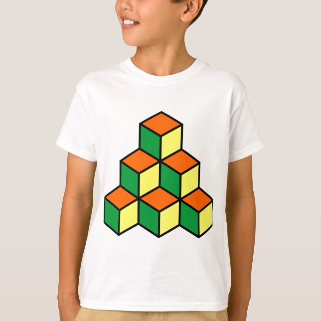 Camiseta Blocos Geométricos - Laranja Verde e Amarelo (Frente)