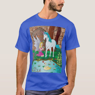 Camiseta Blonde fairy sitting by pond with blue unicorn sta