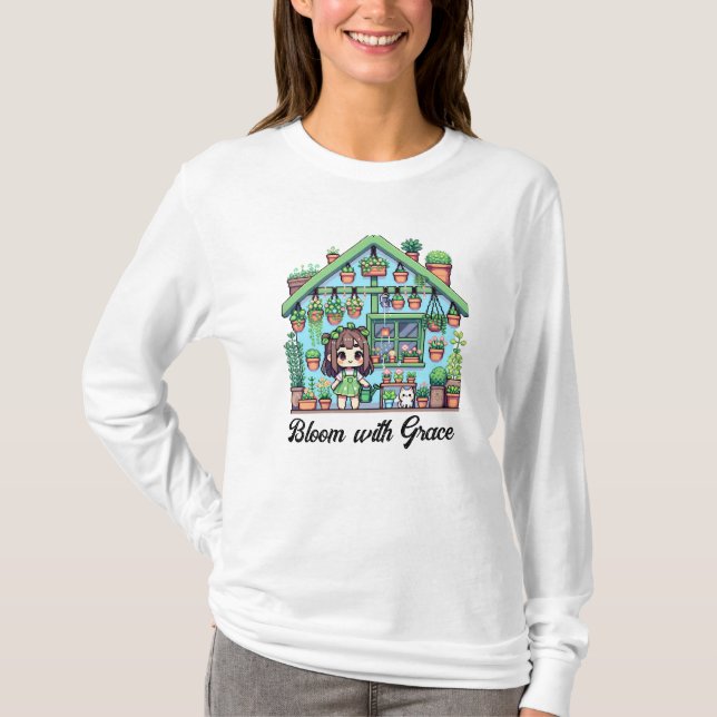 Camiseta Bloom com Grace | Rapariga Kawaii com Plantas (Frente)