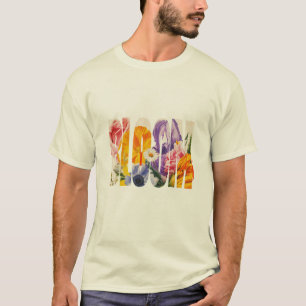 Camiseta "BLOOM" é um arranjo de flores mistas contra
