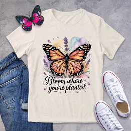 Camiseta Bloom onde você está plantado borboleta monarca