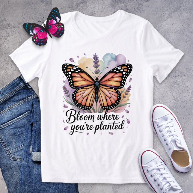 Camiseta Bloom onde você está plantado borboleta monarca (Criador carregado)