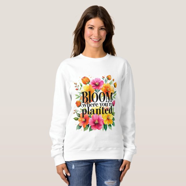 Camiseta Bloom onde você está plantado - Floral Motiva Vibr (Frente Completa)