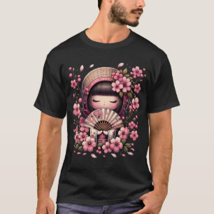 Camiseta Blossom de cereja da boneca Kawaii Kokeshi japones