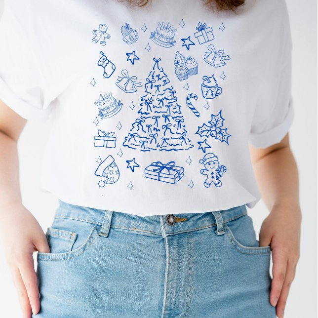 Camiseta Blue Christmas Whimsy - Cute Festive Doodles (Criador carregado)